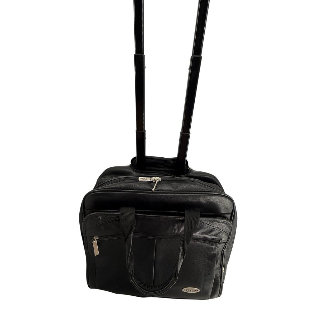 Stetson Black Rolling Leather Laptop Briefcase Carry On Travel Bag Style 85032